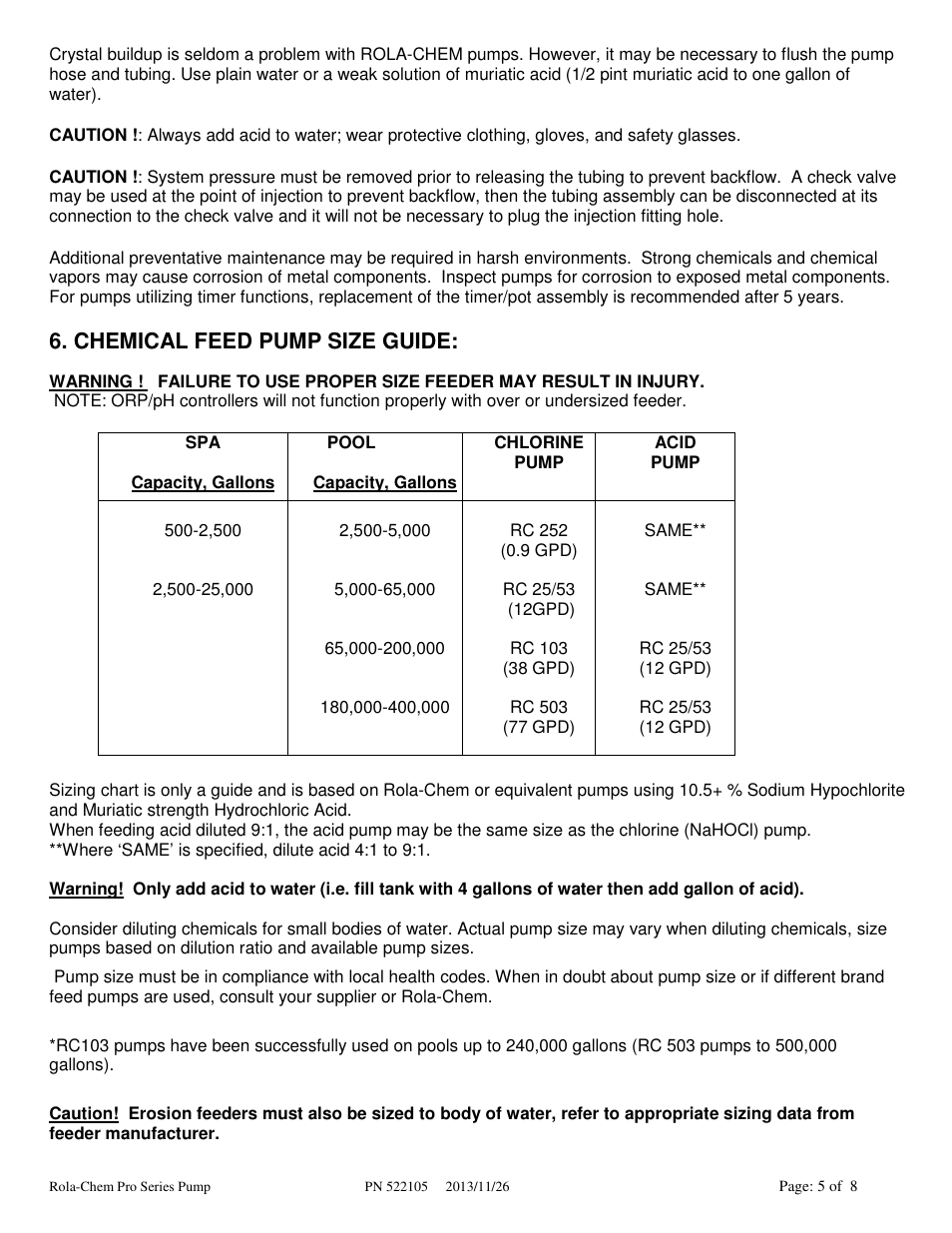 Chemical feed pump size guide | Rola-Chem Pro Series Pump User Manual | Page 5 / 8
