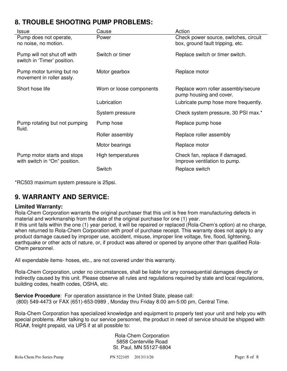 Trouble shooting pump problems, Warranty and service | Rola-Chem Pro Series Pump User Manual | Page 8 / 8