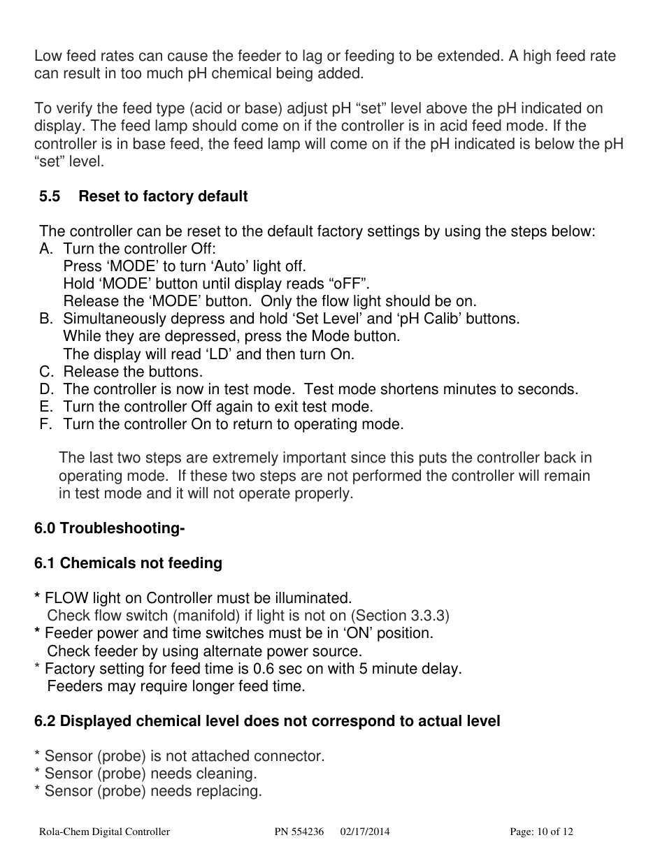 Rola-Chem RC554P pH Digital Controller User Manual | Page 10 / 12
