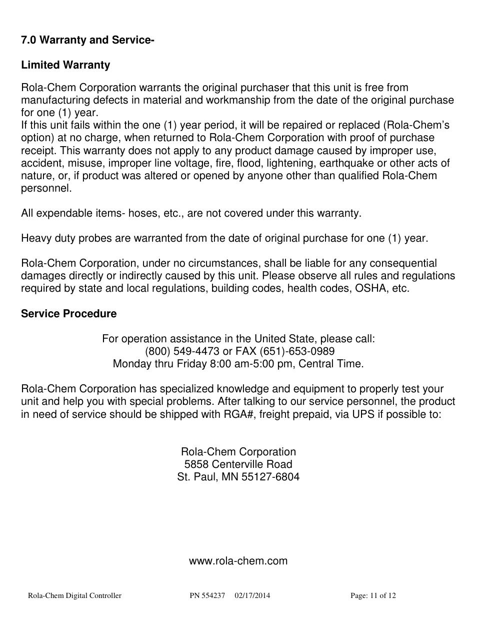 Rola-Chem RC554X ORP Digital Controller User Manual | Page 11 / 12