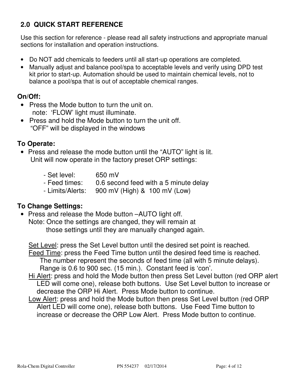 Rola-Chem RC554X ORP Digital Controller User Manual | Page 4 / 12