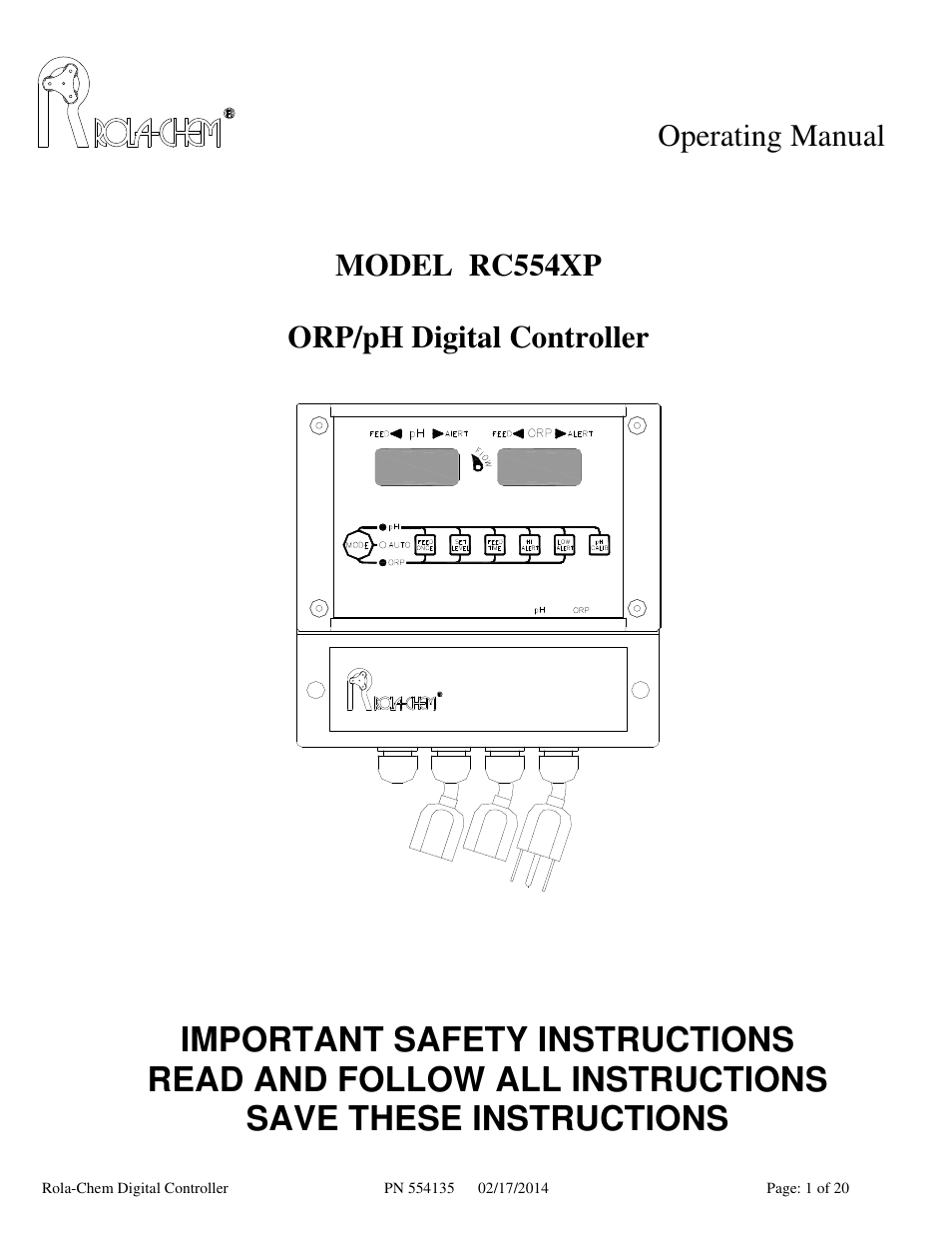 Rola-Chem RC554XP ORP/pH Digital Controller User Manual | 20 pages