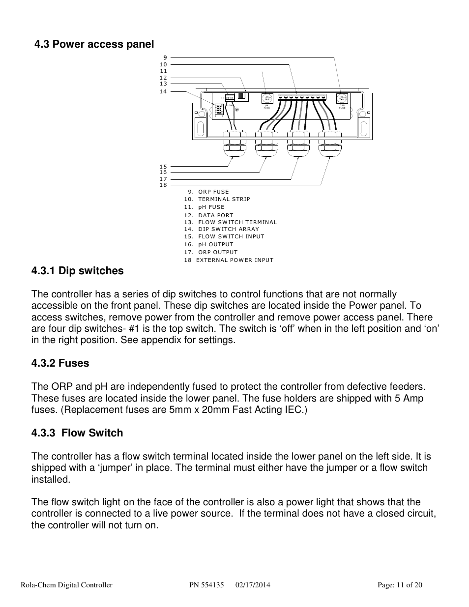 3 power access panel, 1 dip switches, 2 fuses | 3 flow switch | Rola-Chem RC554XP ORP/pH Digital Controller User Manual | Page 11 / 20