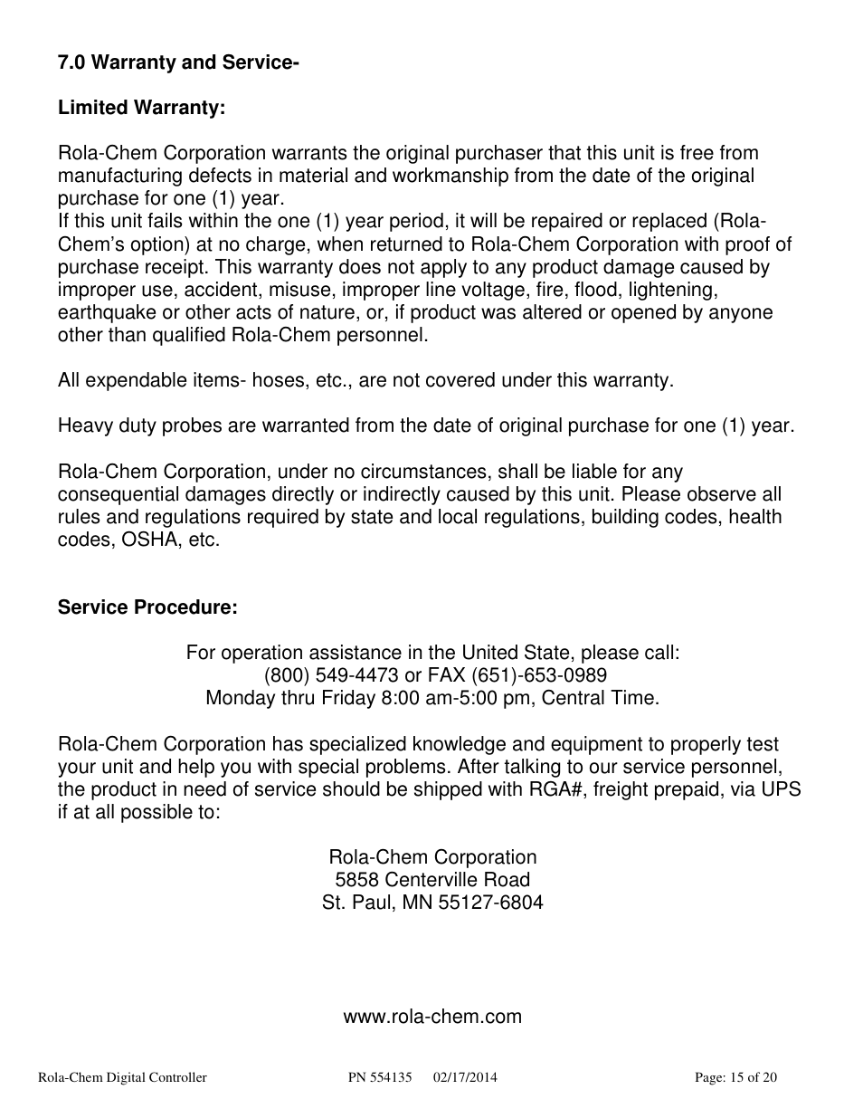 Rola-Chem RC554XP ORP/pH Digital Controller User Manual | Page 15 / 20