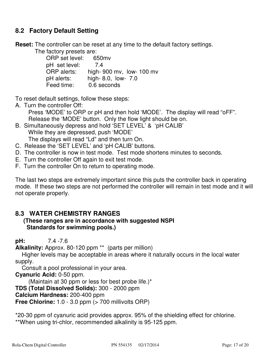 Rola-Chem RC554XP ORP/pH Digital Controller User Manual | Page 17 / 20
