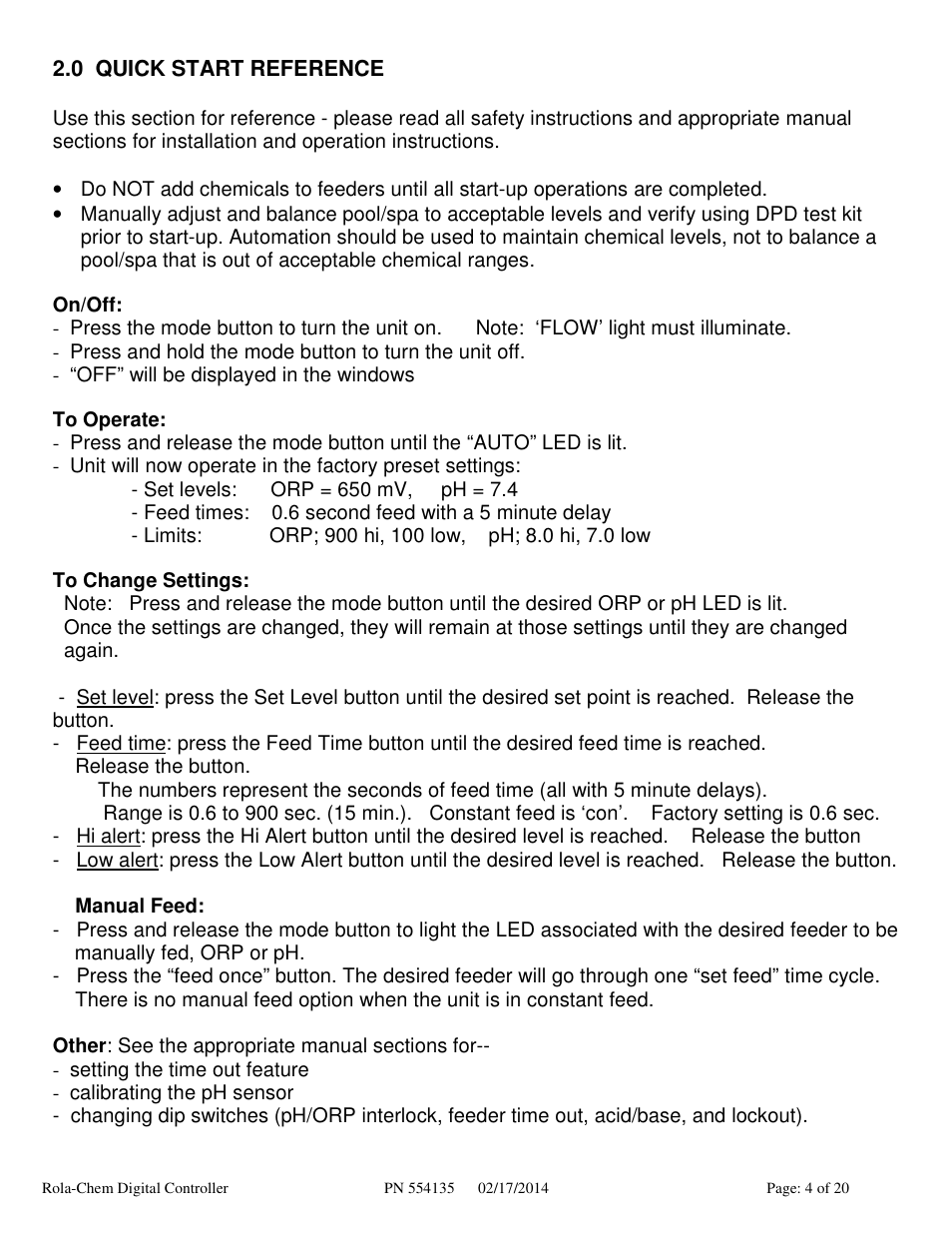 Rola-Chem RC554XP ORP/pH Digital Controller User Manual | Page 4 / 20