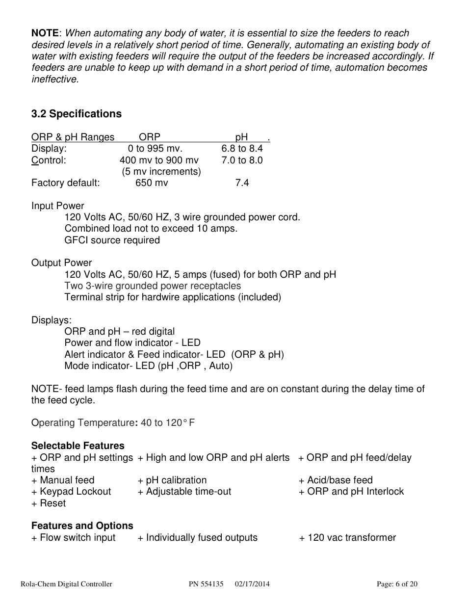 Rola-Chem RC554XP ORP/pH Digital Controller User Manual | Page 6 / 20