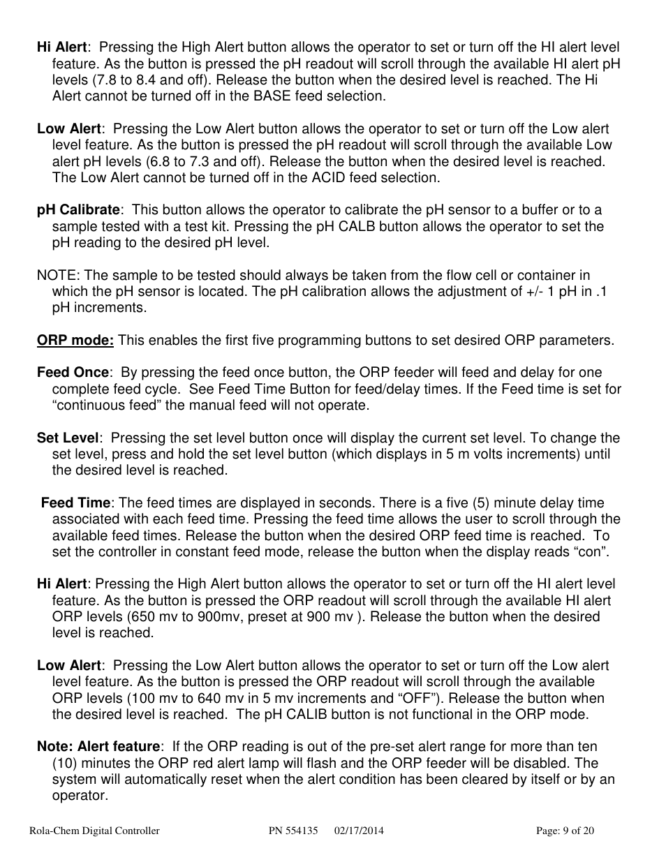 Rola-Chem RC554XP ORP/pH Digital Controller User Manual | Page 9 / 20