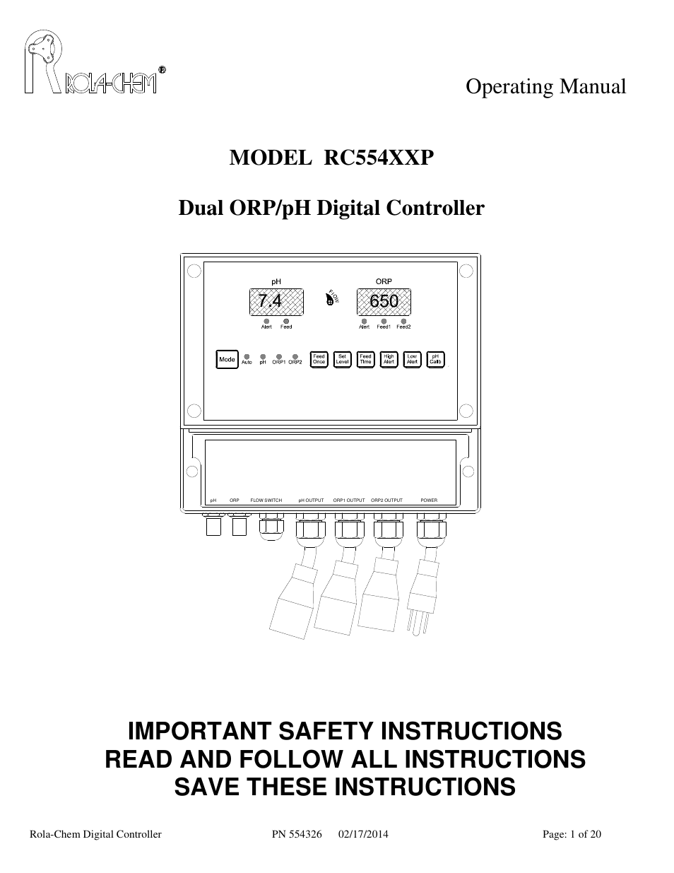 Rola-Chem RC554XXP Dual ORP/pH Digital Controller User Manual | 20 pages