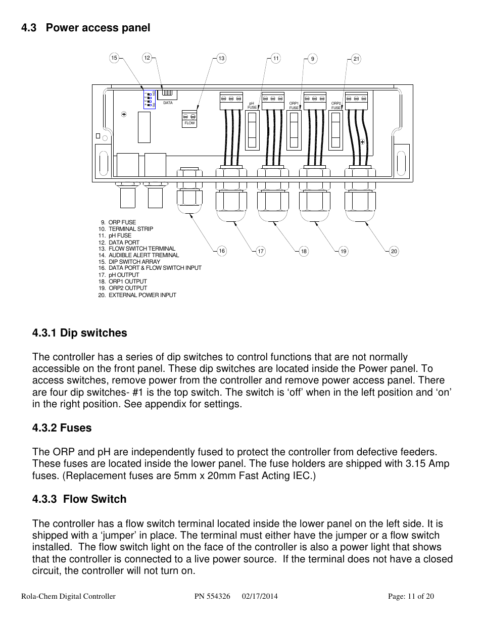 3 power access panel, 1 dip switches, 2 fuses | 3 flow switch | Rola-Chem RC554XXP Dual ORP/pH Digital Controller User Manual | Page 11 / 20