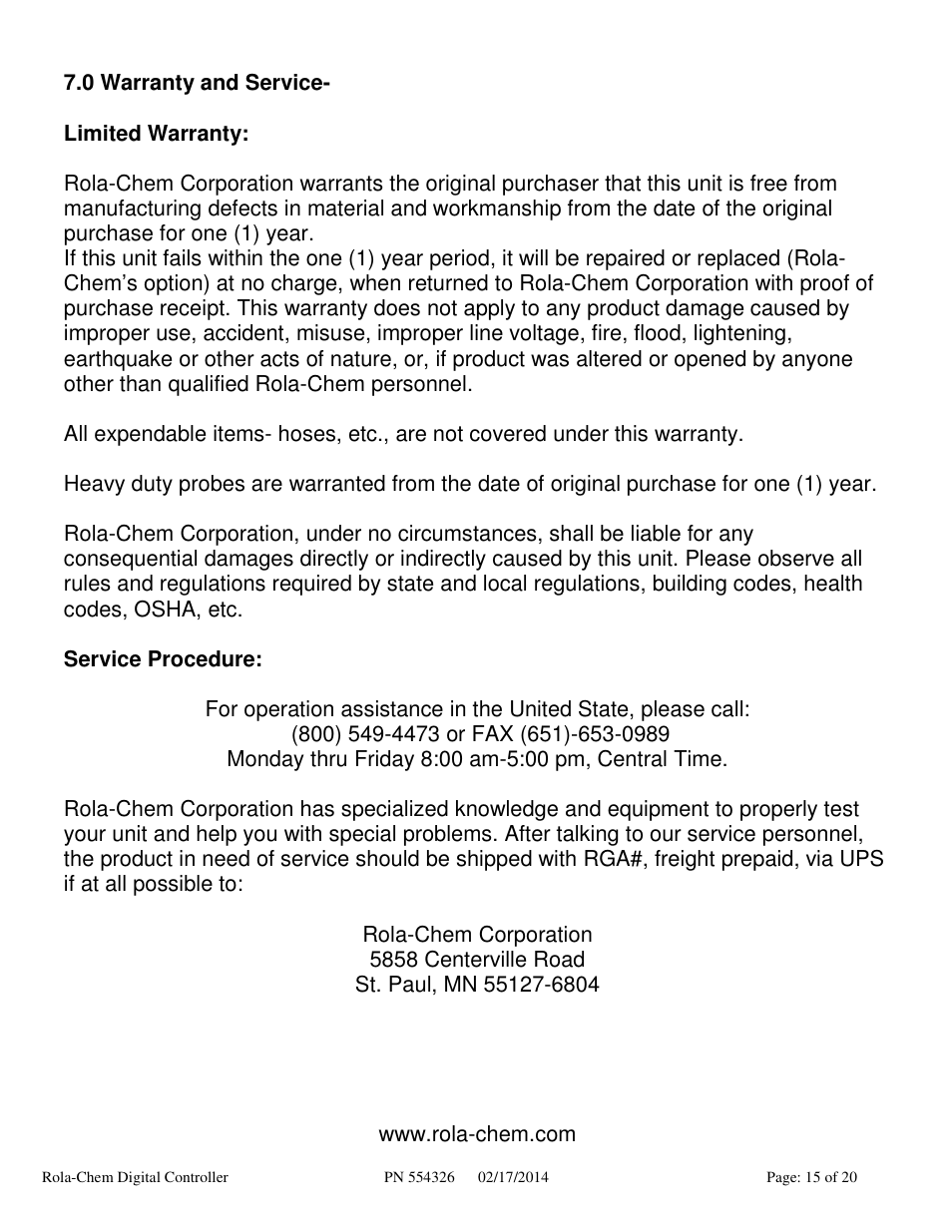 Rola-Chem RC554XXP Dual ORP/pH Digital Controller User Manual | Page 15 / 20