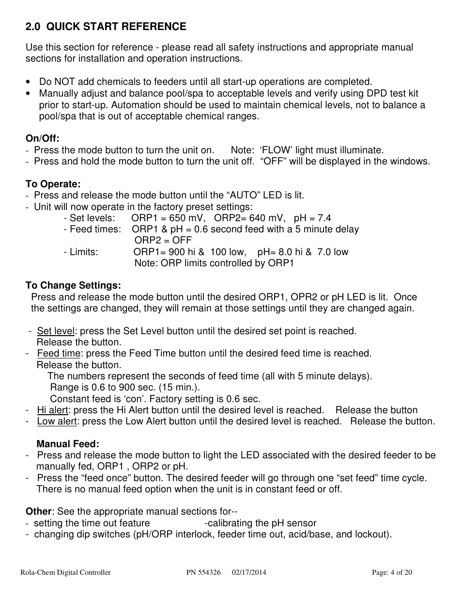 Rola-Chem RC554XXP Dual ORP/pH Digital Controller User Manual | Page 4 / 20