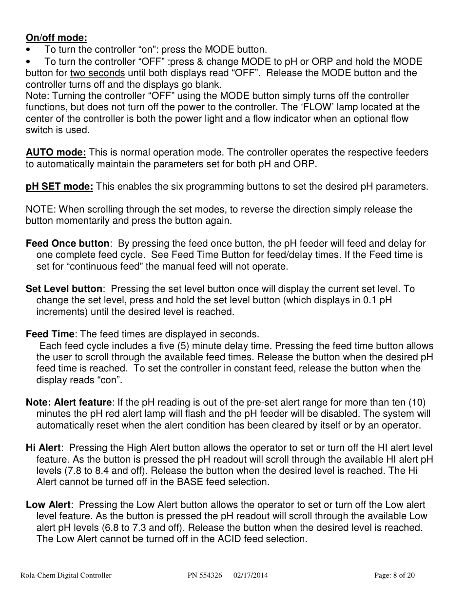Rola-Chem RC554XXP Dual ORP/pH Digital Controller User Manual | Page 8 / 20