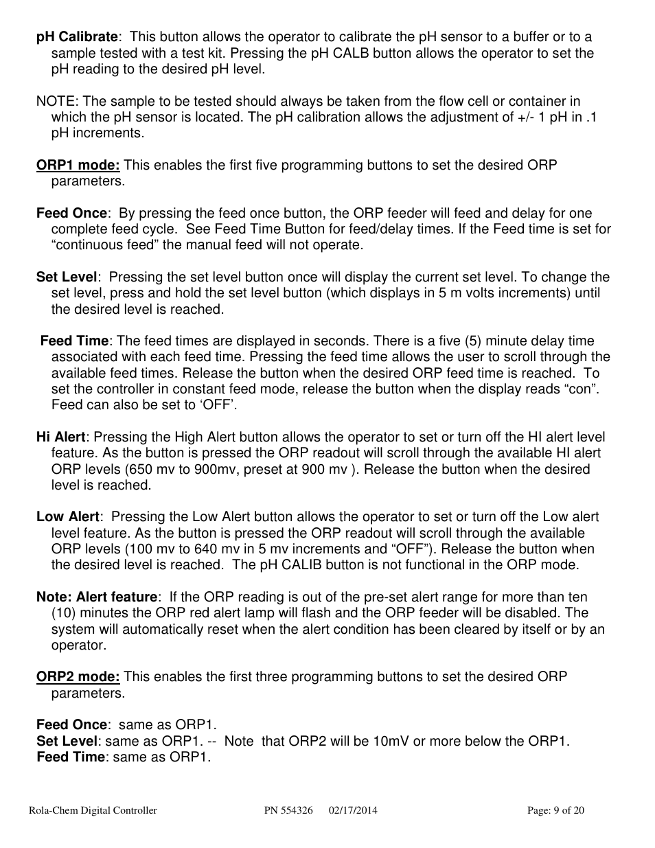 Rola-Chem RC554XXP Dual ORP/pH Digital Controller User Manual | Page 9 / 20