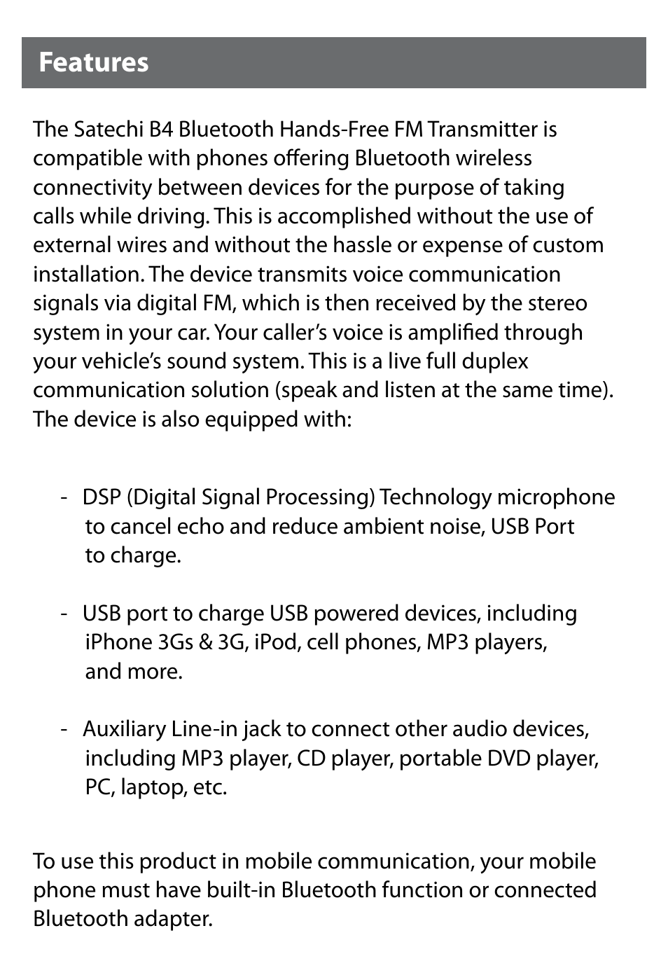 Features | Satechi B4-FM Bluetooth Hands-free Car Stereo Fm Transmitter User Manual | Page 2 / 8