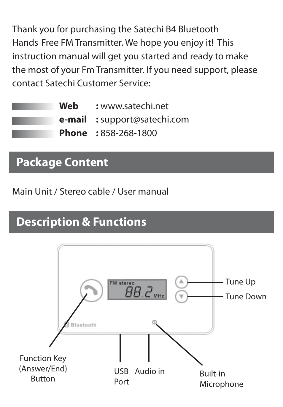 Package content description & functions | Satechi B4-FM Bluetooth Hands-free Car Stereo Fm Transmitter User Manual | Page 7 / 8