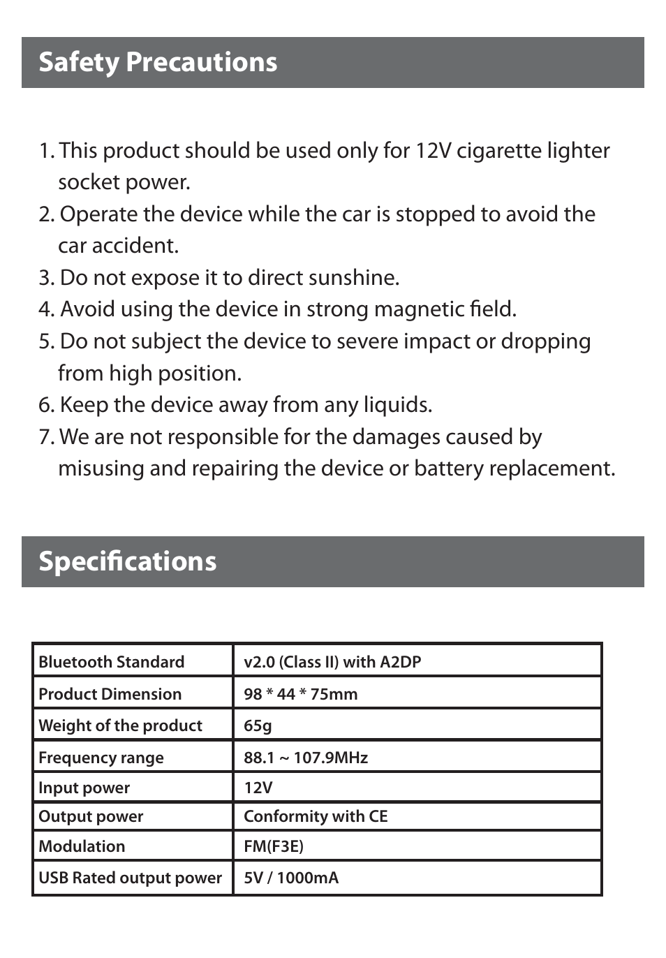 Safety precautions specifications | Satechi B4-FM Bluetooth Hands-free Car Stereo Fm Transmitter User Manual | Page 8 / 8