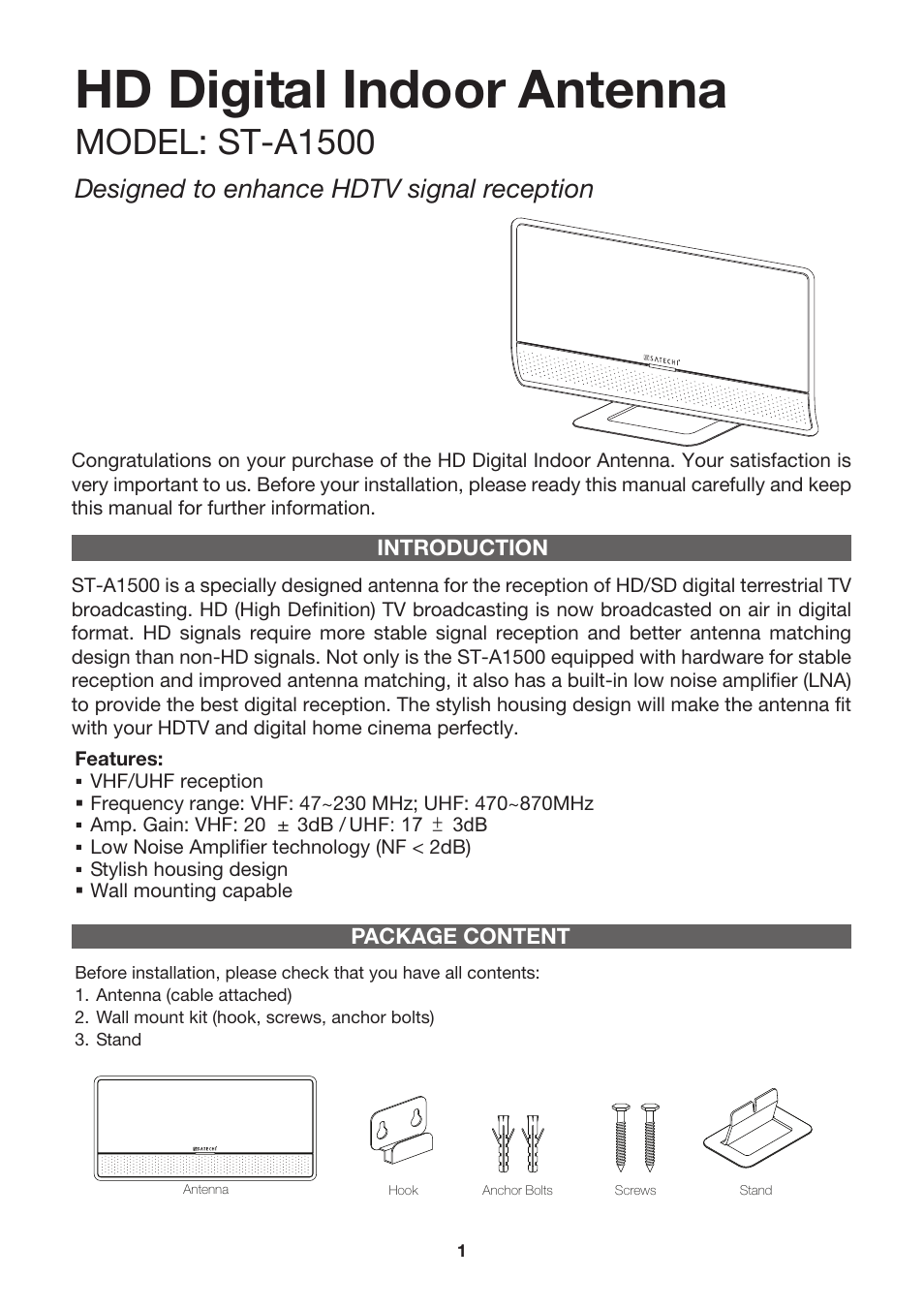 Satechi ST-A1500 HD Digital Indoor Flat Amplified TV Antenna (Powered by USB) w/ wall mount User Manual | 4 pages