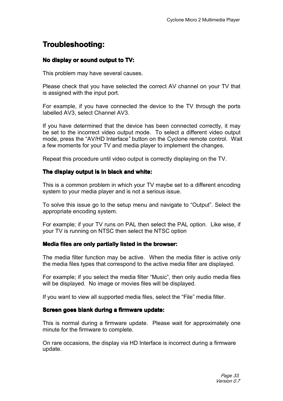 Troubleshooting | Satechi Cyclone Micro 2+ 1080p Portable Media (MKV, AVI, MOV) Player Adapter with SD/SDHC Memory, USB Slot and Remote Control User Manual | Page 33 / 38