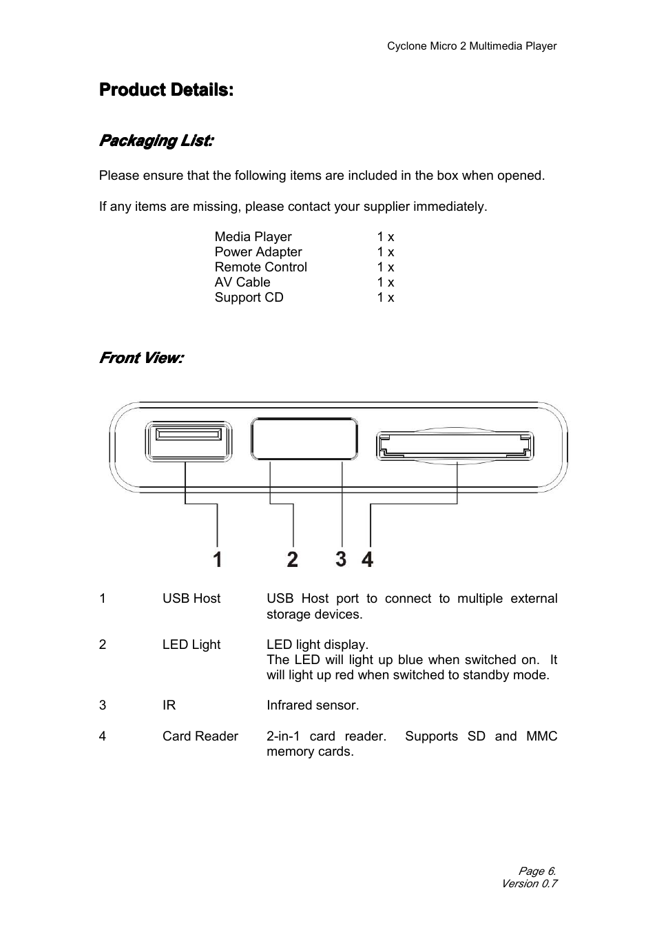 Productdetails, Packaginglist, Frontview | Backview, Product, Product product details: details: details: details | Satechi Cyclone Micro 2+ 1080p Portable Media (MKV, AVI, MOV) Player Adapter with SD/SDHC Memory, USB Slot and Remote Control User Manual | Page 6 / 38