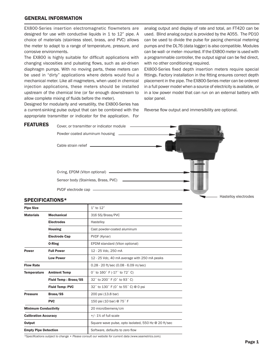 Specifications* general information, Tables and diagrams, Features | Seametrics EX800-Series User Manual | Page 3 / 12