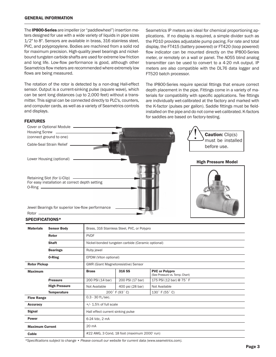 Caution: clip(s) must be installed before use | Seametrics IP800-Series User Manual | Page 3 / 12