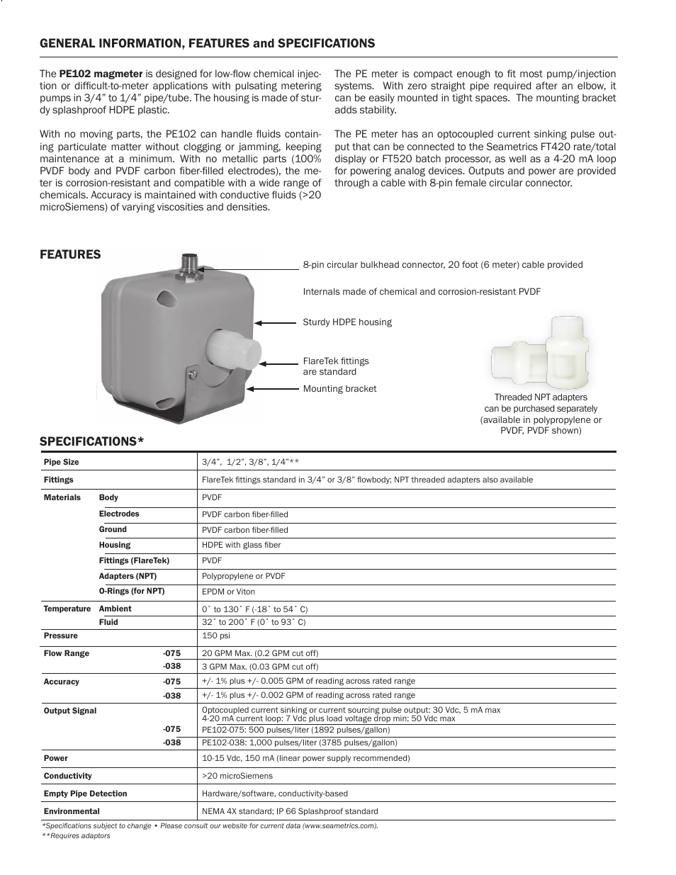 Specifications | Seametrics PE102 User Manual | Page 2 / 4