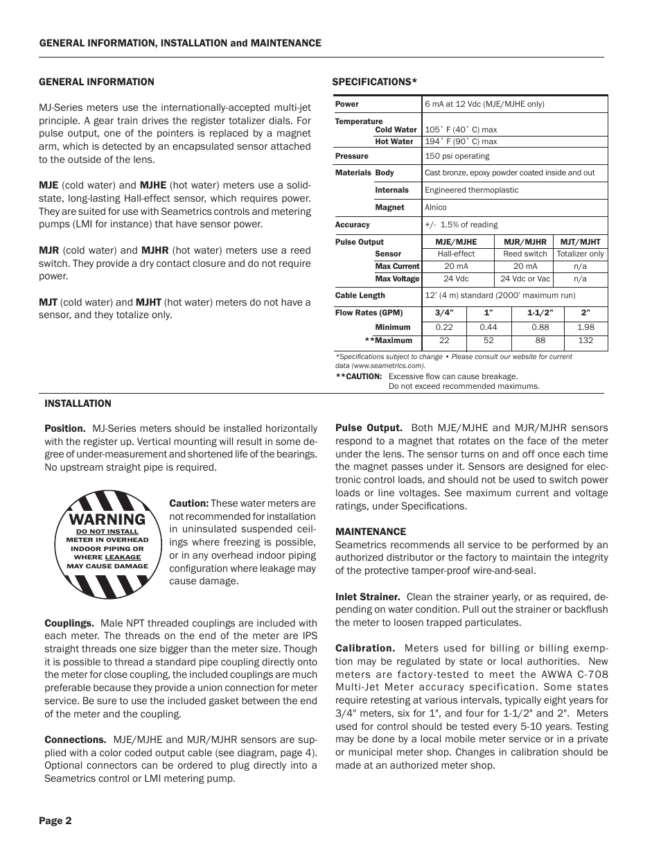 Warning | Seametrics MJ-Series User Manual | Page 2 / 4