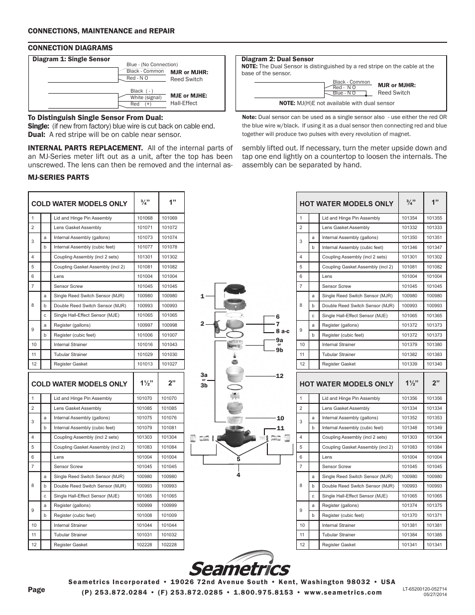 Connection diagrams, Cold water models only, Diagram 1: single sensor diagram 2: dual sensor | Hot water models only, Hot water models only ¾” 1 | Seametrics MJ-Series User Manual | Page 4 / 4