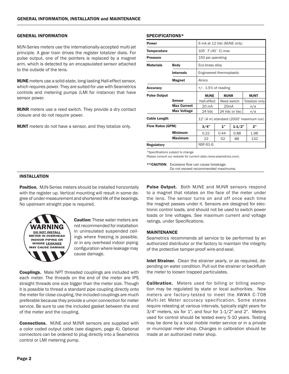 Warning | Seametrics MJN-Series User Manual | Page 2 / 4