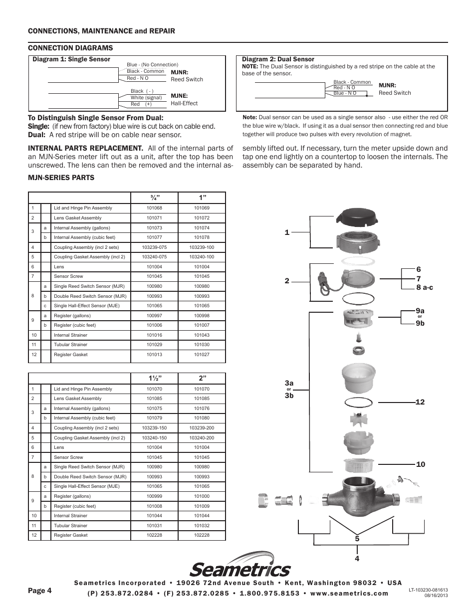 Connection diagrams, 12 3a, 9b 6 7 8 a-c | Diagram 1: single sensor diagram 2: dual sensor | Seametrics MJN-Series User Manual | Page 4 / 4