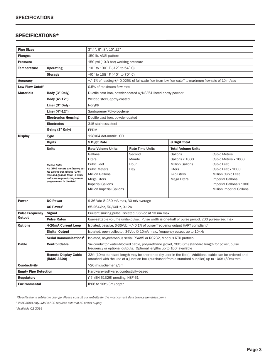 Specifications | Seametrics iMAG-Series User Manual | Page 5 / 16