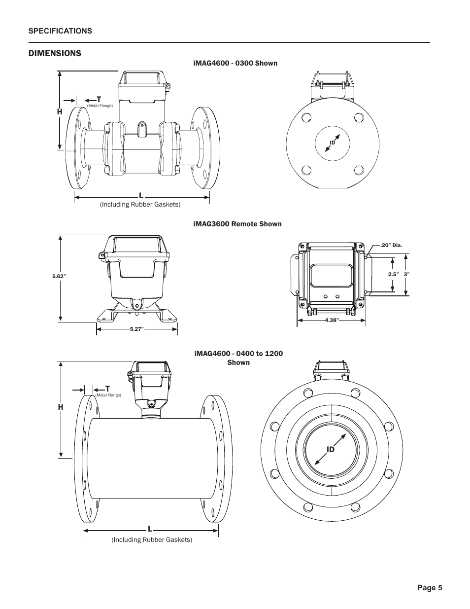 M/s) (ft/s), Dimensions | Seametrics iMAG-Series User Manual | Page 7 / 16