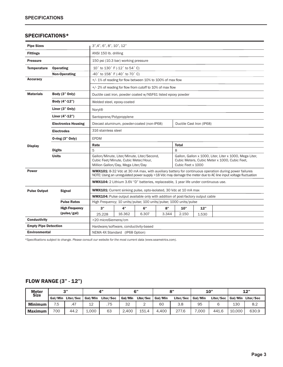 Flow range (3” - 12”), Specifications | Seametrics WMX-Series User Manual | Page 5 / 12