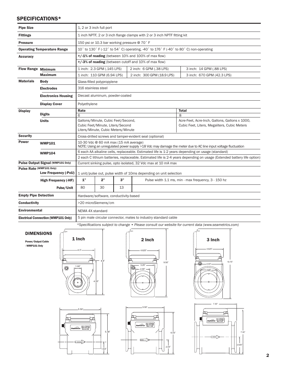 Specifications, Dimensions 2, 2 inch 1 inch | 3 inch | Seametrics WMP-Series User Manual | Page 3 / 8