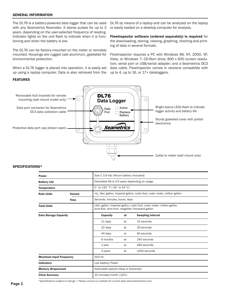 Dl76 data logger | Seametrics DL76 User Manual | Page 2 / 4