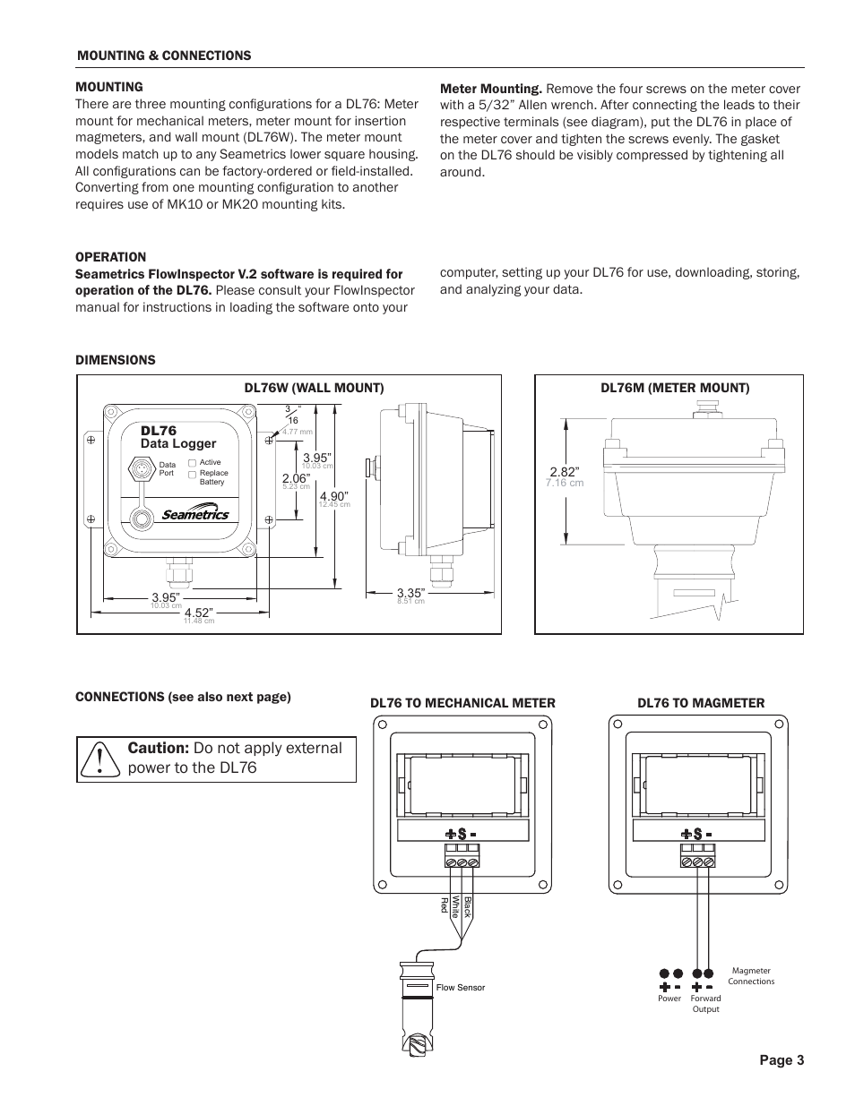 Caution: do not apply external power to the dl76 | Seametrics DL76 User Manual | Page 3 / 4
