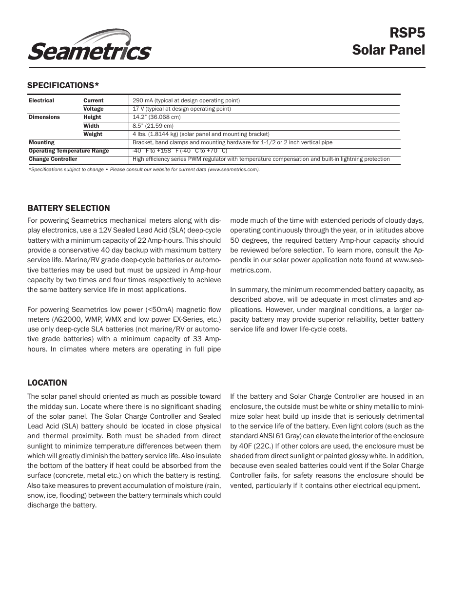 Rsp5 solar panel | Seametrics RSP5 User Manual | Page 2 / 4