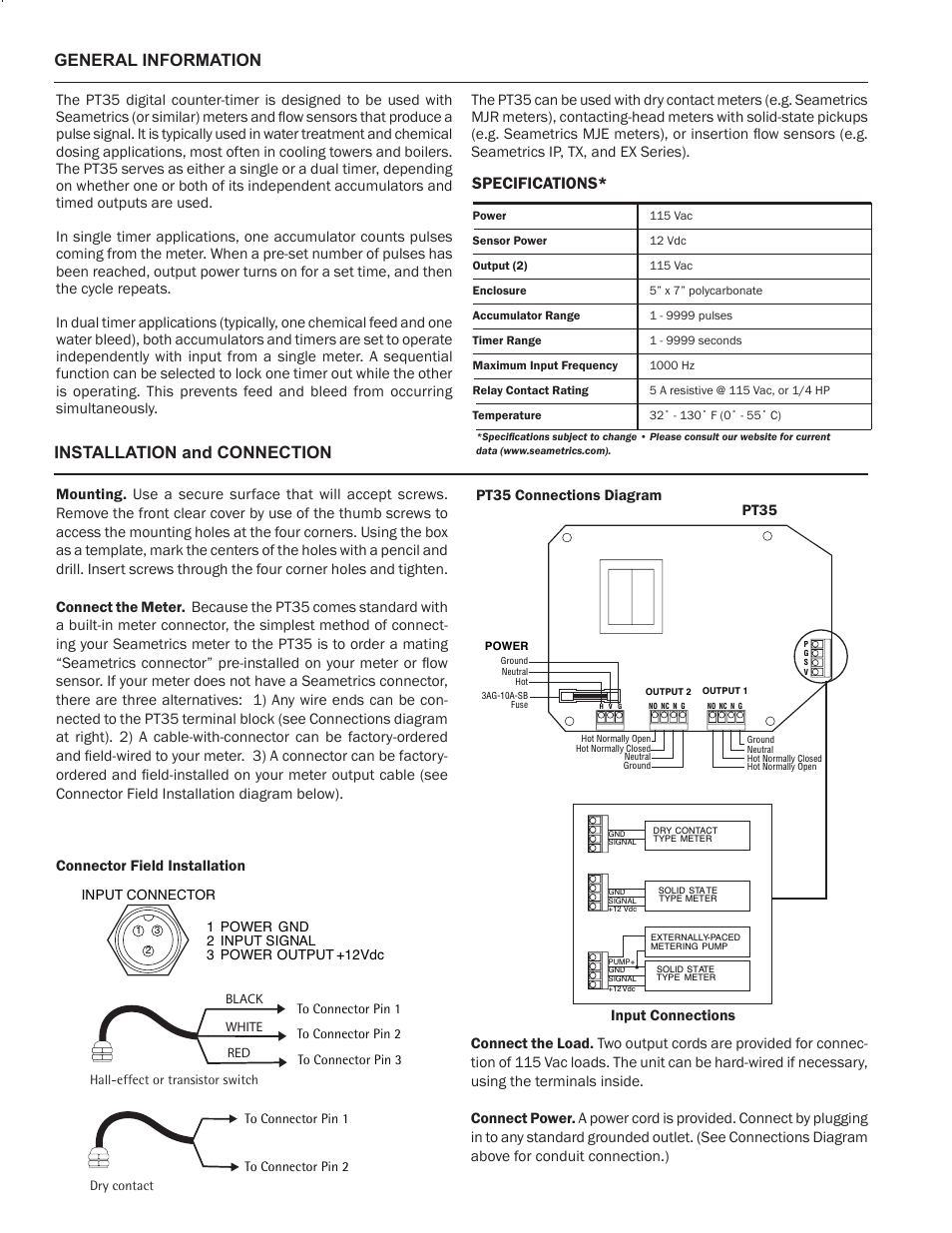 General information, Installation and connection, Specifications | Seametrics PT35 User Manual | Page 2 / 4