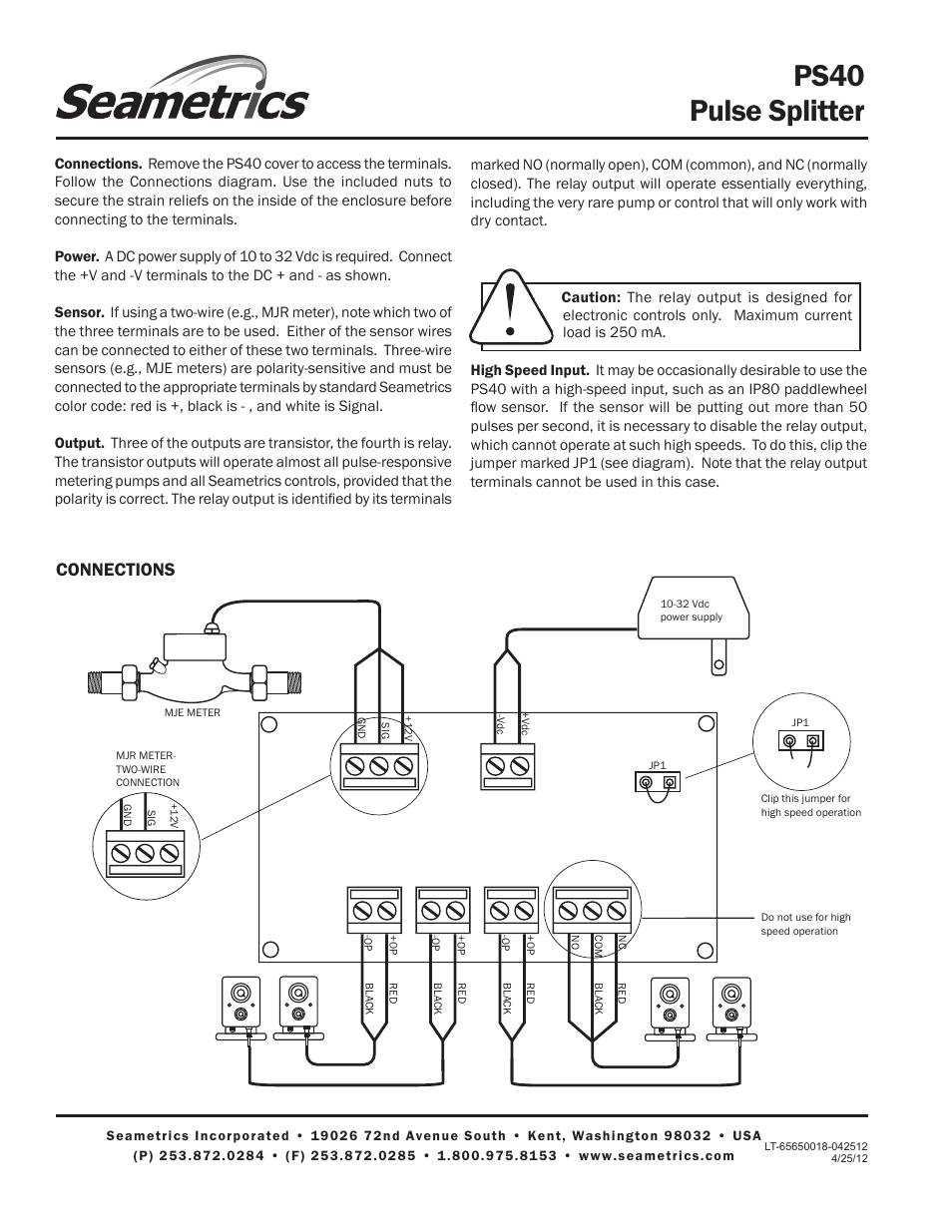 Ps40 pulse splitter, Connections | Seametrics PS40 User Manual | Page 2 / 2