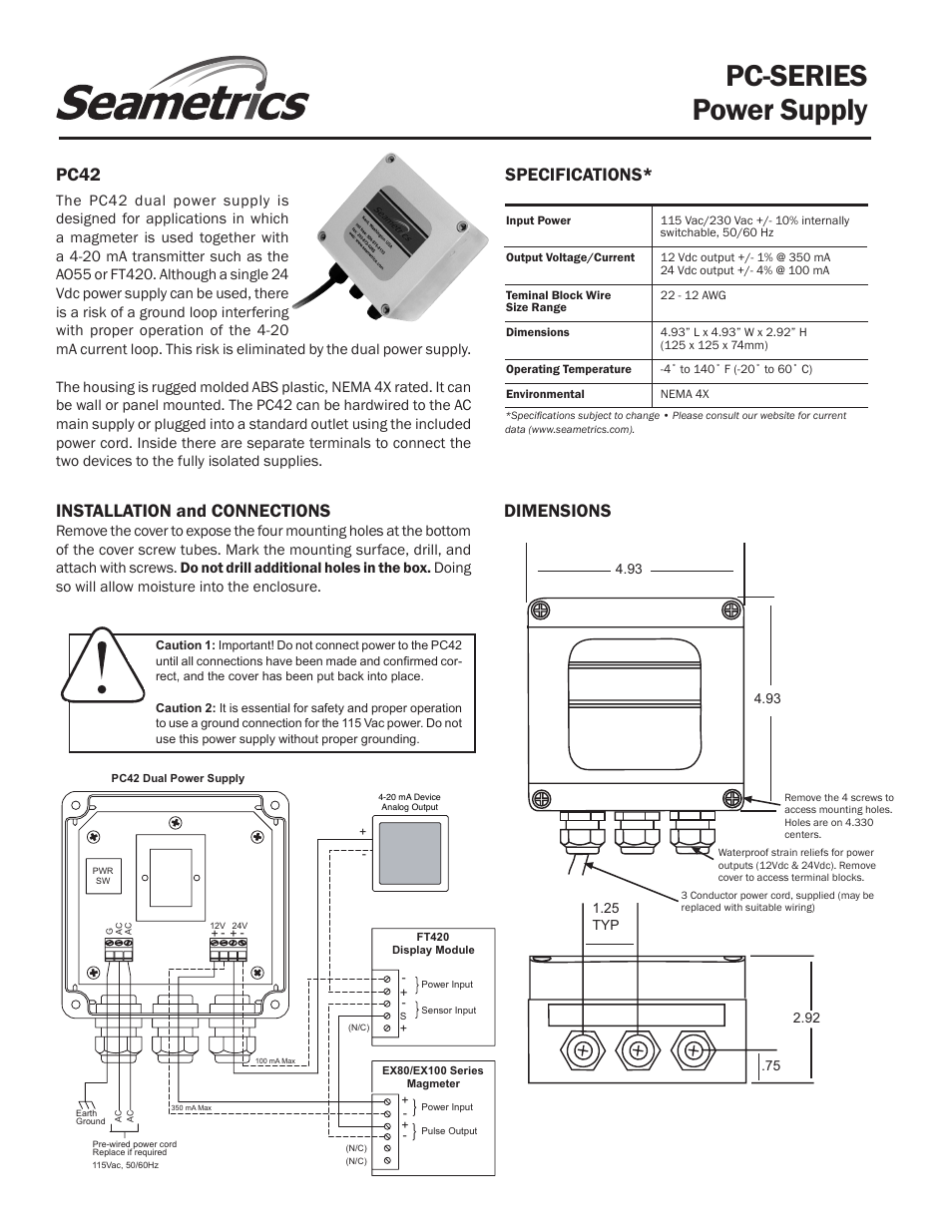 Pc-series power supply, Specifications, Installation and connections | Pc42 dimensions | Seametrics PC-SERIES User Manual | Page 2 / 4