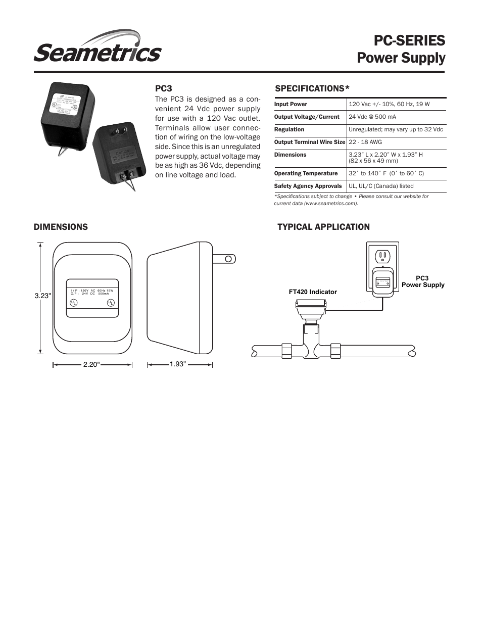 Pc-series power supply, Specifications, Dimensions typical application | Seametrics PC-SERIES User Manual | Page 3 / 4
