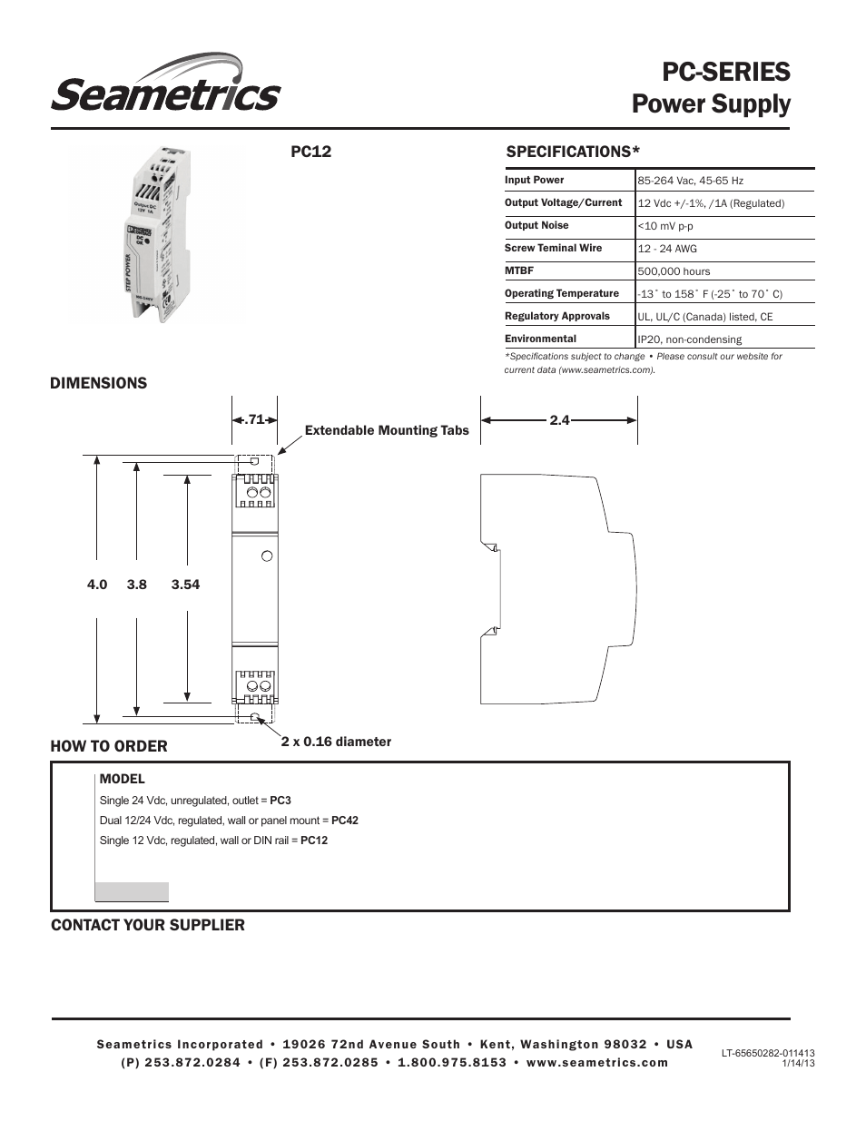 Pc-series power supply, How to order, Contact your supplier pc12 | Specifications* dimensions | Seametrics PC-SERIES User Manual | Page 4 / 4
