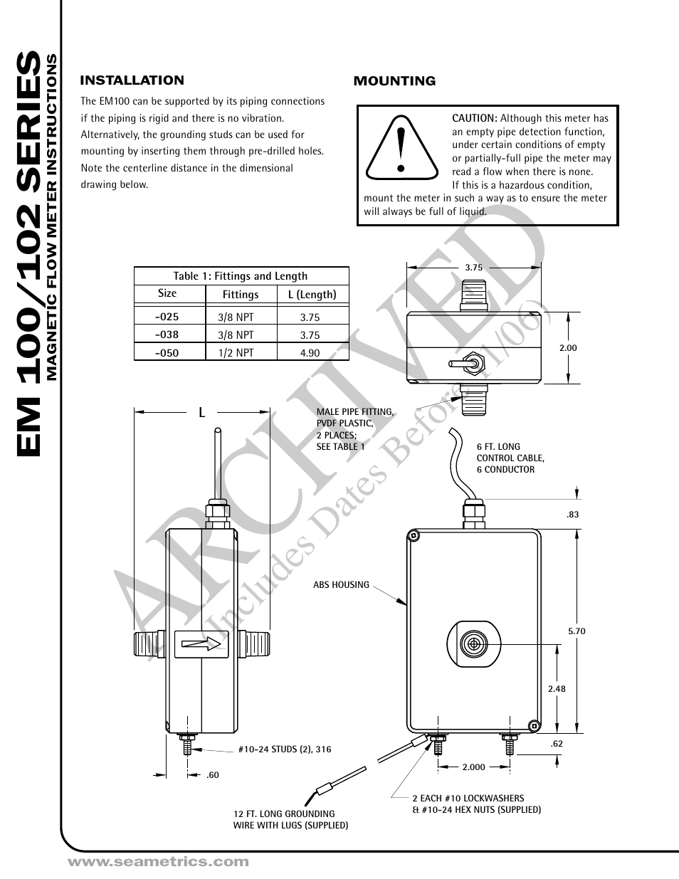 Ar ch ive d, Includes dates before 1 1/06) | Seametrics EM 100-102 v.1 User Manual | Page 2 / 4