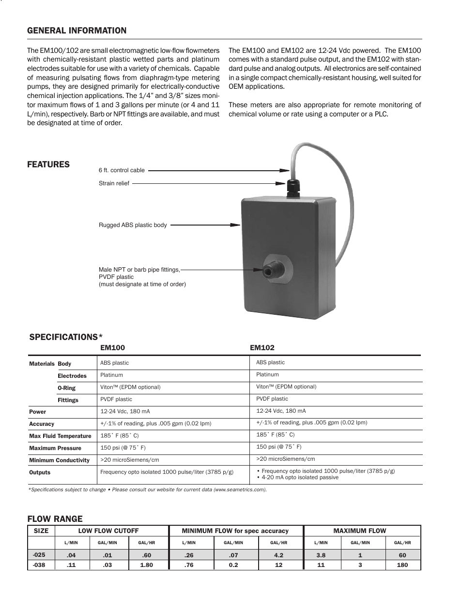 General information features specifications, Flow range | Seametrics EM 100-102 v.2 User Manual | Page 2 / 4