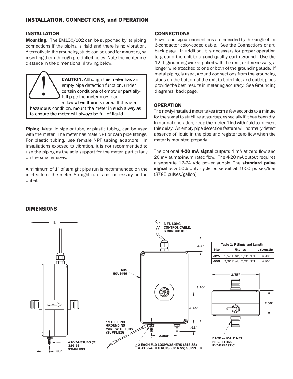 Installation, connections, and operation, Operation, Installation | Connections, Dimensions | Seametrics EM 100-102 v.2 User Manual | Page 3 / 4