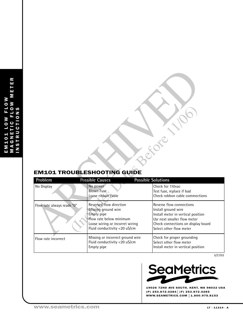 Ar ch ive d, Includes dates before 1 1/06) | Seametrics EM 101 v.1 User Manual | Page 6 / 6