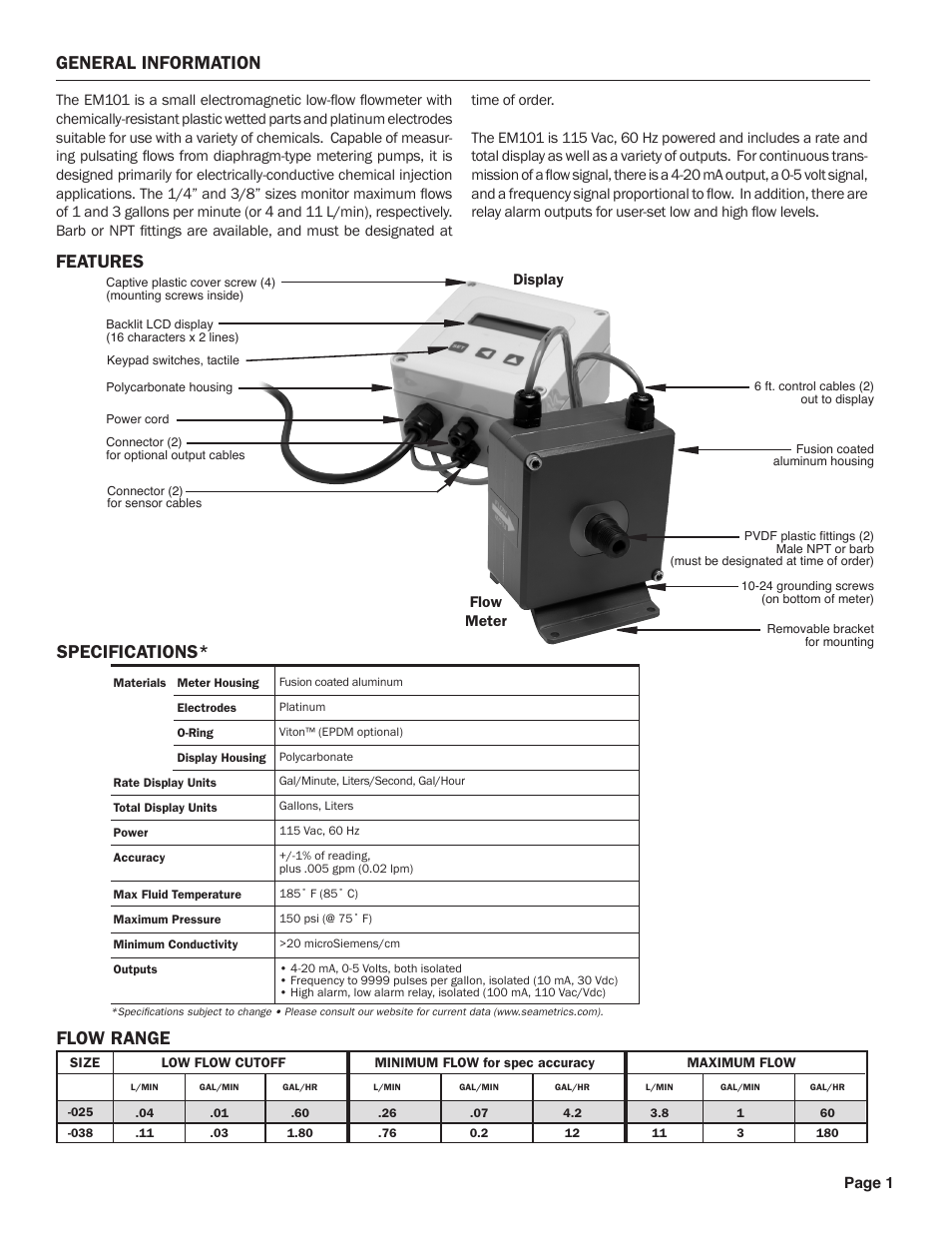 General information features, Specifications, Flow range | Seametrics EM 101 v.2 User Manual | Page 3 / 8