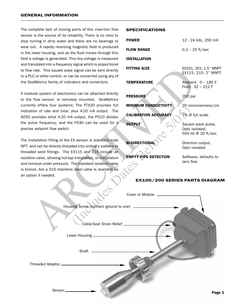 Ar ch ive d, Includes dates before 5/05) | Seametrics EX100-200 Series v.1 User Manual | Page 3 / 14