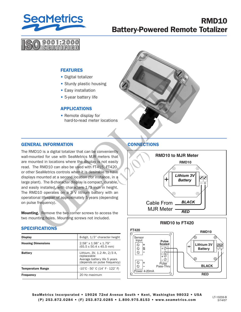 Seametrics RMD10 User Manual | 1 page